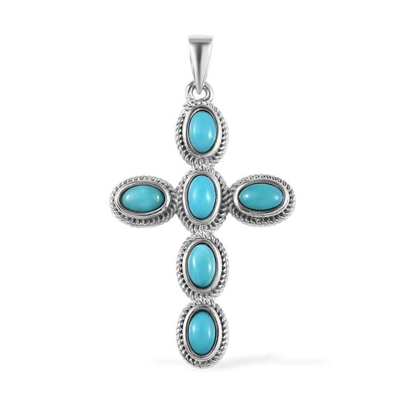 Mexican Blue Turquoise Oval Gemstones Platinum Plated Cross Pendant NWT - Picture 1 of 3